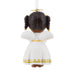 A Christmas ornament shaped like a child's head with braided dark brown hair, white wings, and a white dress with gold trim, shown from the back on a plain white background.