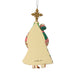 A Christmas ornament shaped like a stylized Christmas tree with a small Santa figure peeking out from behind it. The ornament is cream-colored on the front, decorated with colorful holiday patterns on the sides, topped with a gold star, and hangs from a white ribbon against a plain white background.