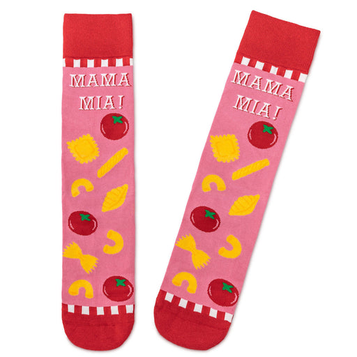 Pink socks with pasta and tomato design and 'Mama Mia!' text on a white background