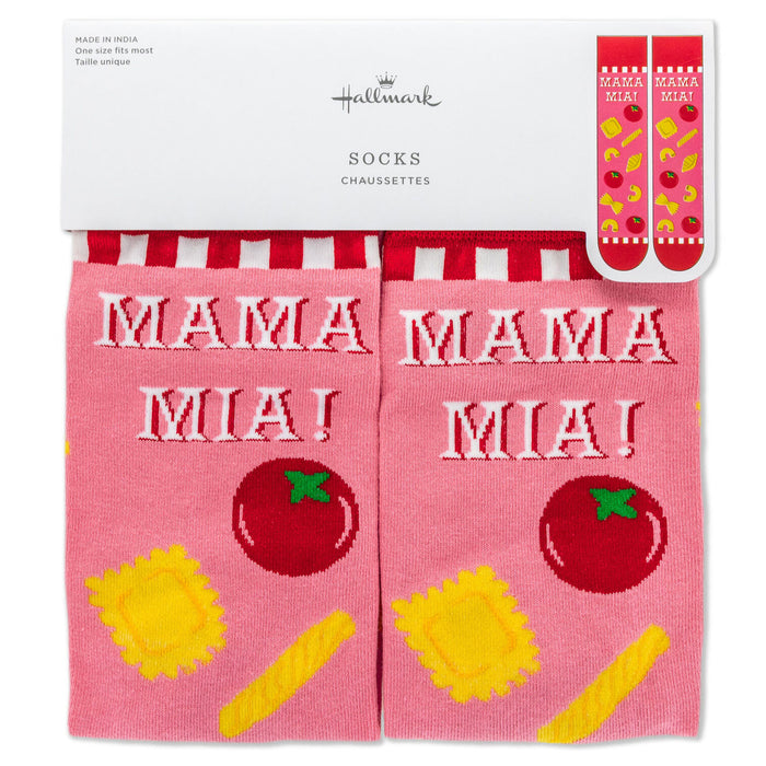 Pink socks with 'Mama Mia!' text and food graphics, displayed with Hallmark branding.