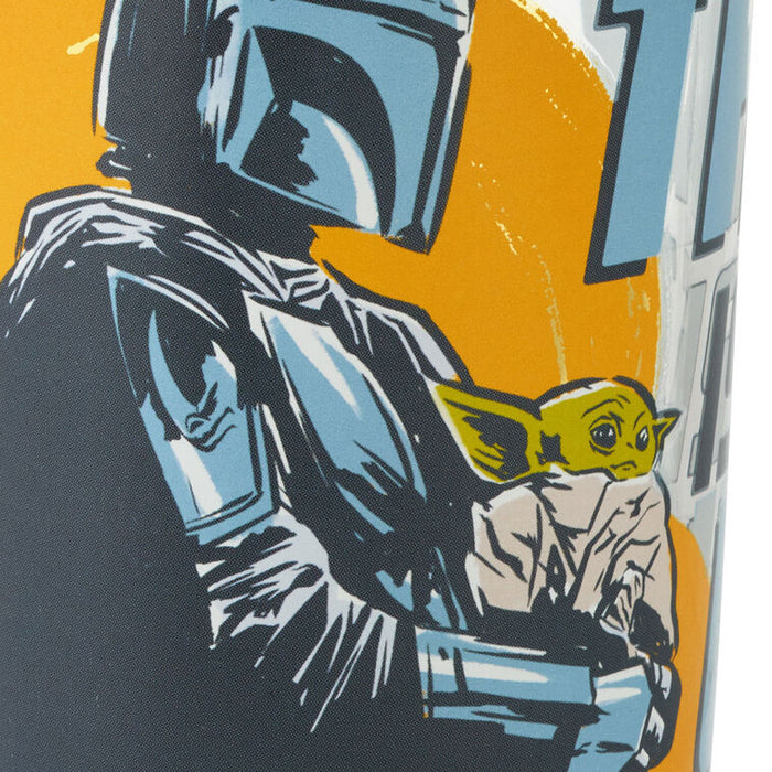 Illustration of a character holding Baby Yoda with a colorful background