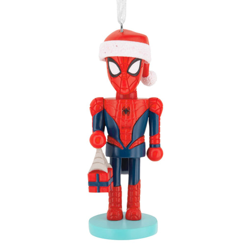 Spider-Man Christmas ornament with a Santa hat on a white background