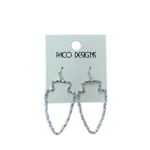 Pair of silver earrings on a Paco Designs card against a white background