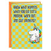 Card with a unicorn illustration and humorous text on a checkered background
