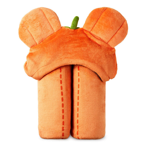 An orange plush blanket with two rounded ears on top and a small green stem detail, photographed on a plain white background.