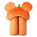 An orange plush blanket with two rounded ears on top and a small green stem detail, photographed on a plain white background.