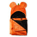 An orange plush hooded blanket with bear ears on the hood and a folded black lining, shown on a plain white background.