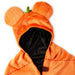 An orange plush hooded robe designed like a pumpkin, featuring stitched leaf-like edges, a green stem detail on top of the hood, and a black plush inner lining. It has a brown button closure and is photographed on a clean white background.