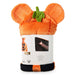 A plush Mickey Mouse-shaped pumpkin hood or hat in bright orange with a green stem detail, wrapped in a white paper display sleeve showing product photos and a Disney Mickey Mouse graphic, on a plain white background.