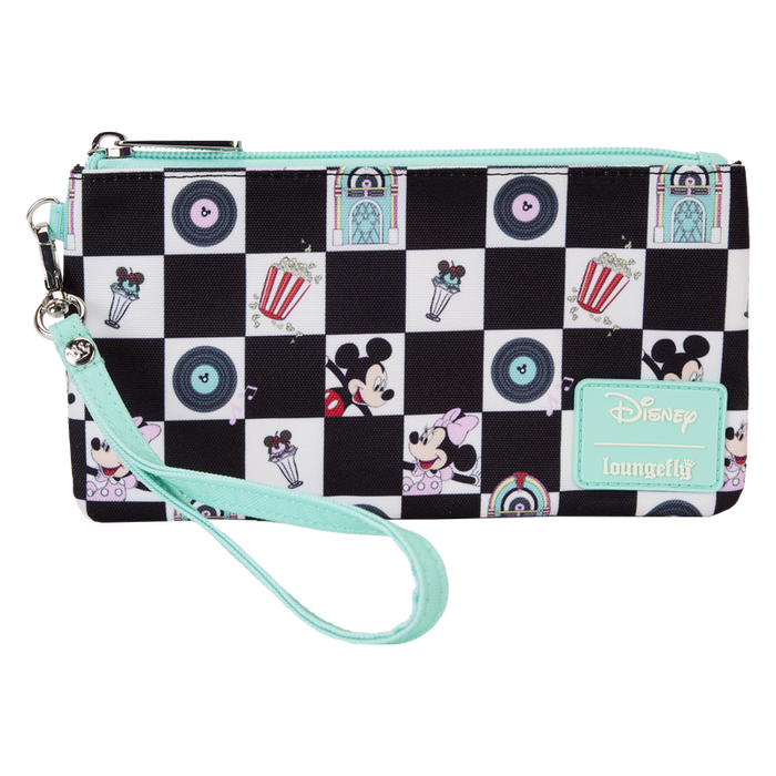 Mickey & Minnie Date Night Diner Checkered All-Over Print Nylon Zipper Pouch Wristlet by Loungefly