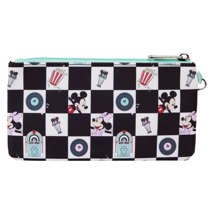 Mickey & Minnie Date Night Diner Checkered All-Over Print Nylon Zipper Pouch Wristlet by Loungefly