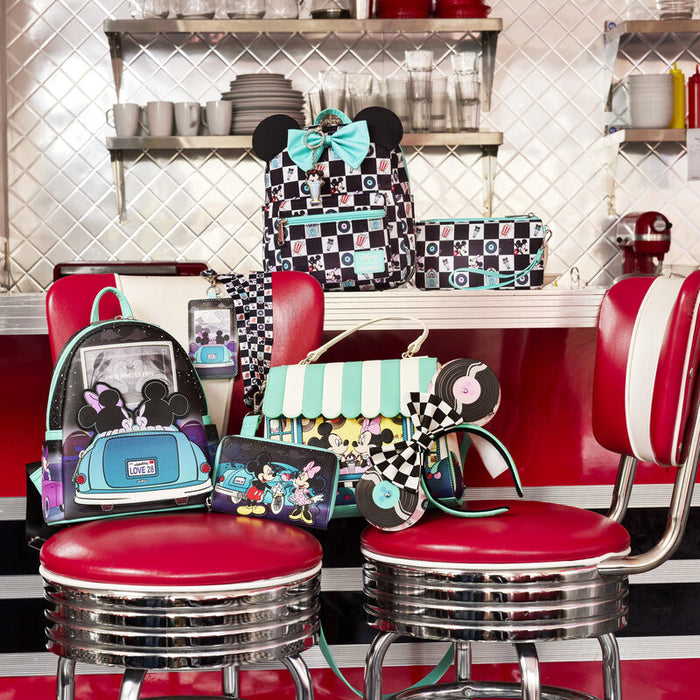 Mickey & Minnie Date Night Diner Checkered All-Over Print Nylon Mini Backpack by Loungefly