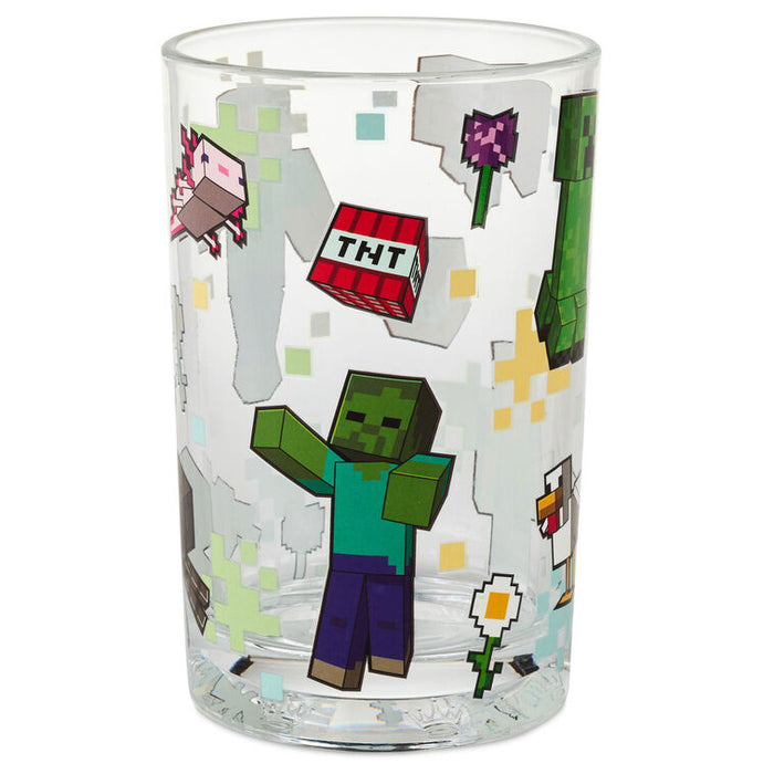Clear glass with Minecraft-themed illustrations on a white background