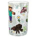 Glass tumbler with pixelated character designs on a white background