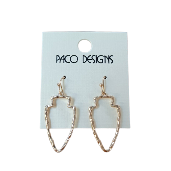 Gold arrow-shaped earrings on a Paco Designs card against a white background