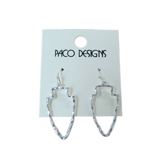 Silver arrowhead-shaped earrings on a Paco Designs card against a white background