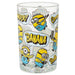 A clear glass tumbler featuring a repeating cartoon Minion print with speech bubbles and bold text including 'BANANA' and 'COMEDY', shown on a plain white background.