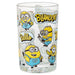 A clear glass tumbler featuring cartoon Minions characters and the words 'BLUMOCK!' and 'Bello' in bold yellow lettering, shown on a plain white background.