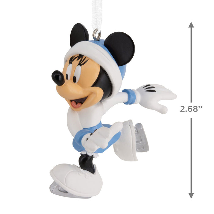 Disney character ornament with ice skates and measurement details on a white background