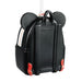 A black faux-leather Mickey Mouse-themed backpack shown from the back, featuring stitched mouse ears on top, a top handle, side pockets, and small red accents near the base, photographed on a white background.