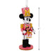 A Minnie Mouse toy nutcracker ornament in a pink and gold military uniform with a pink polka-dot hat, shown on a white background with a 4-inch height measurement arrow.