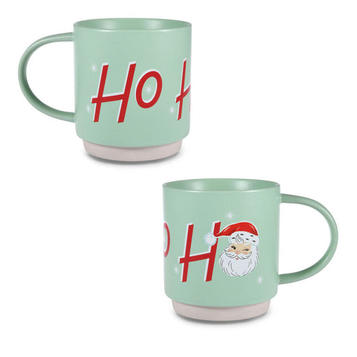 Two green mugs with 'Ho Ho Ho' text and Santa Claus design on a white background