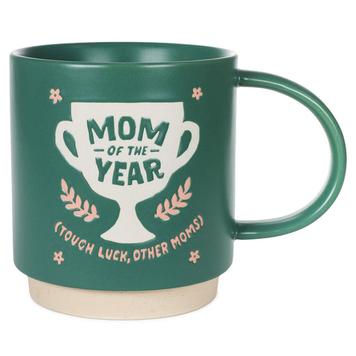 Green mug with 'Mom of the Year' text and trophy design on a white background