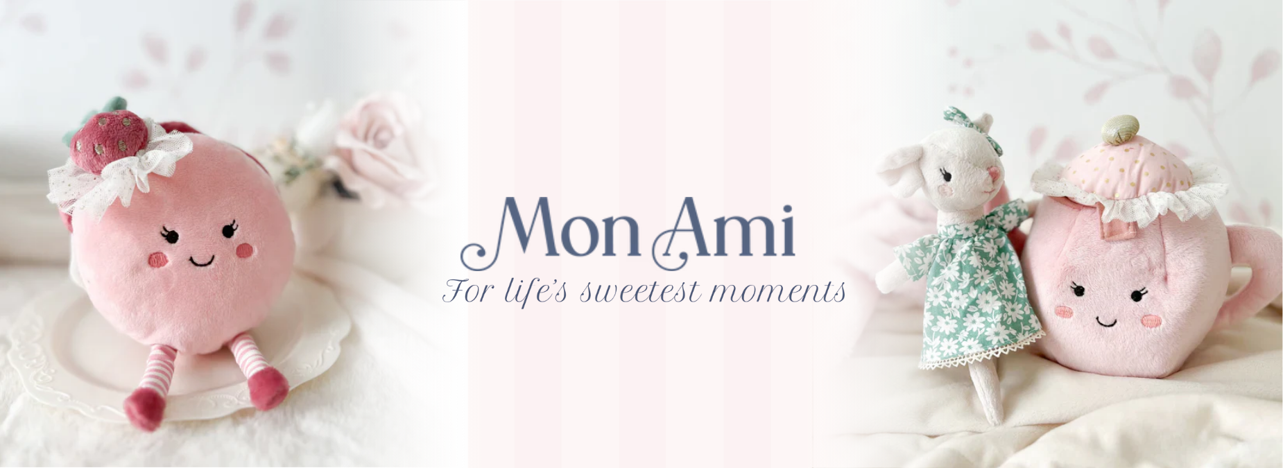 Two plush toys with 'Mon Ami' branding on a soft white background