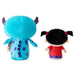 Two plush toys, one blue with purple accents and the other with black hair and a red outfit, on a white background.