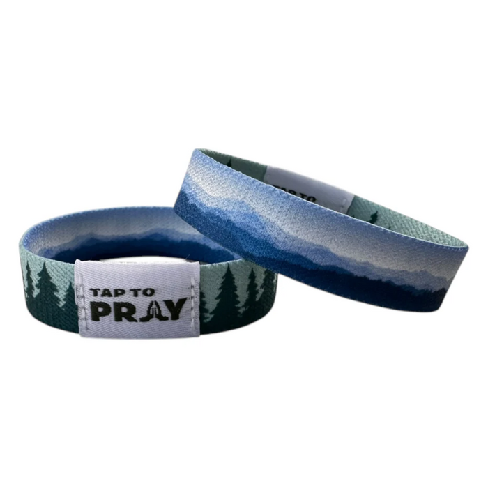 Wristband with nature design and 'Tap to Pray' label on a white background
