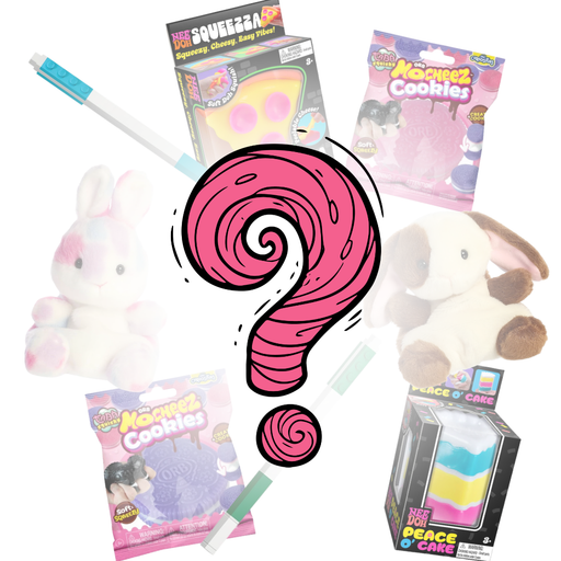 Collection of toys and products with a large pink squiggle question mark in the center.