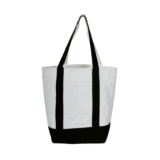 A white canvas tote bag with black handles and a black bottom base, shown against a plain white background.