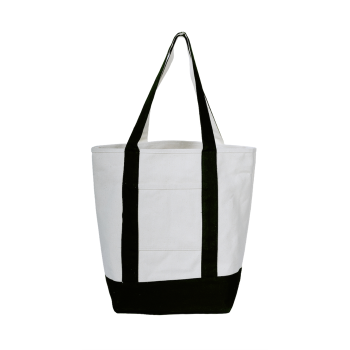 A white canvas tote bag with black handles and a black bottom base, shown against a plain white background.