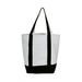 A white canvas tote bag with black handles and a black bottom base, shown against a plain white background.