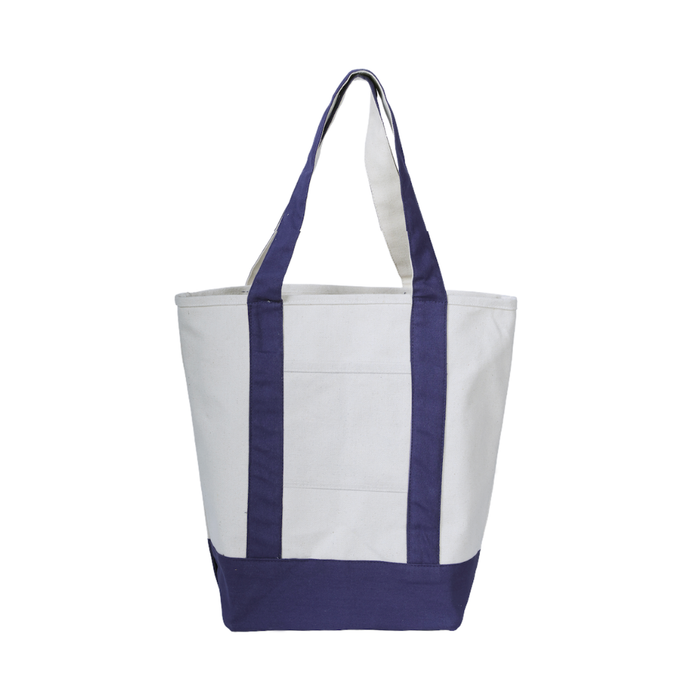 A white canvas tote bag with dark navy blue handles, side panels, and bottom base, shown against a plain white background.