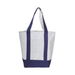 A white canvas tote bag with dark navy blue handles, side panels, and bottom base, shown against a plain white background.