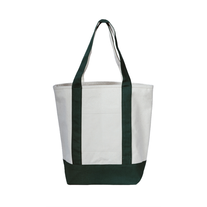 A white canvas tote bag with dark green handles and a dark green bottom panel, shown against a plain white background.