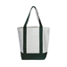 A white canvas tote bag with dark green handles and a dark green bottom panel, shown against a plain white background.