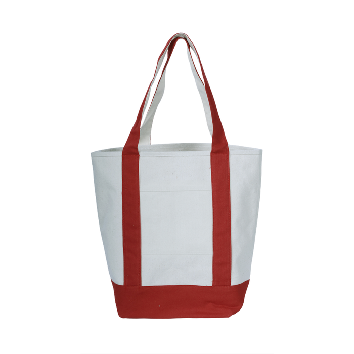 A white canvas tote bag with red trim and red shoulder straps, shown against a plain white background.