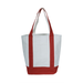 A white canvas tote bag with red trim and red shoulder straps, shown against a plain white background.