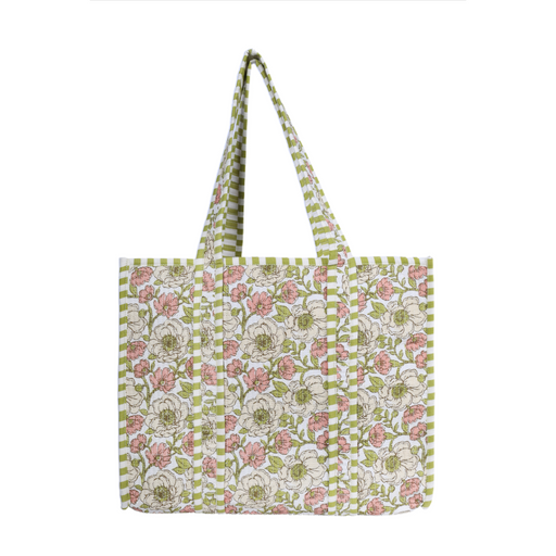 A tote bag with a green and white striped border and handles, featuring a central panel of white flowers with pink centers and green leaves on a white background.