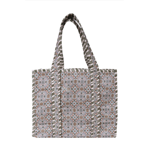 A tote bag with a detailed geometric and floral pattern in muted tones of gray, brown, beige, and light blue, featuring two shoulder straps, shown against a plain white background.