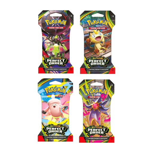 Four packs of Pokemon Perfect Order trading card game on a white background