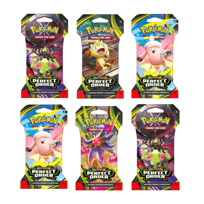 Six packs of Pokemon trading card game cards on a white background