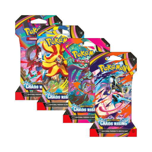 Three Pokemon Chaos Rising trading card packs on a white background