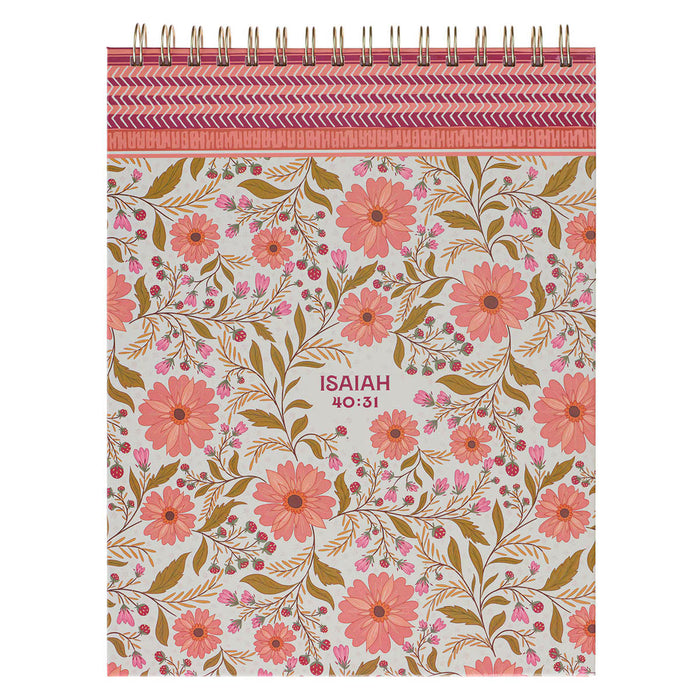 Notebook with floral design and 'Isaiah 40:31' text on a white background