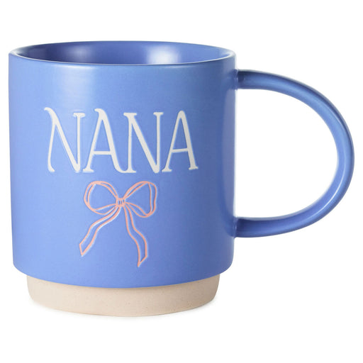 Blue mug with 'Nana' and a bow design on a white background