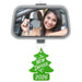 Car mirror with a woman's reflection and a 'New Driver 2026' air freshener hanging from it.