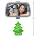 Car mirror with a woman holding keys, 'New Driver 2026' air freshener, and dimensions indicated.