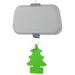 Car air freshener shaped like a green tree hanging from a gray holder on a white background